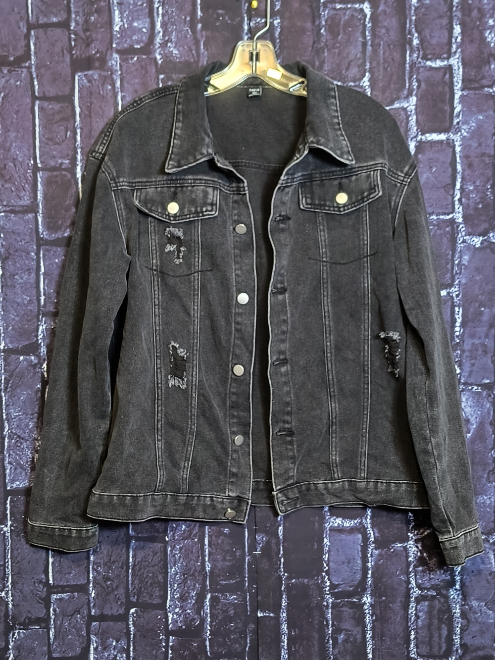 SHEIN EZwear Washed Black Distressed Denim Jacket Oversized Trucker Size 16Y - Picture 2 of 5